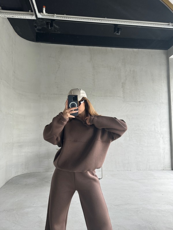 TKM-0037 Kahverengi Dikiş Detaylı Kapüşonlu Sweatshirt Palazzo Eşofman Üç İplik Şardonlu İkili Takım - 11