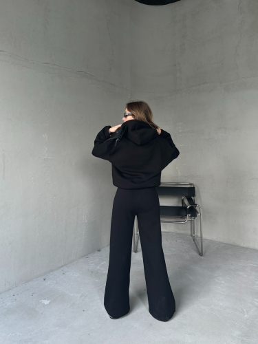 TKM-0037 Siyah Dikiş Detaylı Kapüşonlu Sweatshirt Palazzo Eşofman Üç İplik Şardonlu İkili Takım - 6