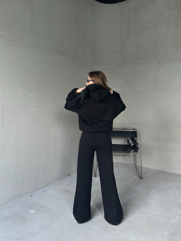 TKM-0037 Siyah Dikiş Detaylı Kapüşonlu Sweatshirt Palazzo Eşofman Üç İplik Şardonlu İkili Takım - 6