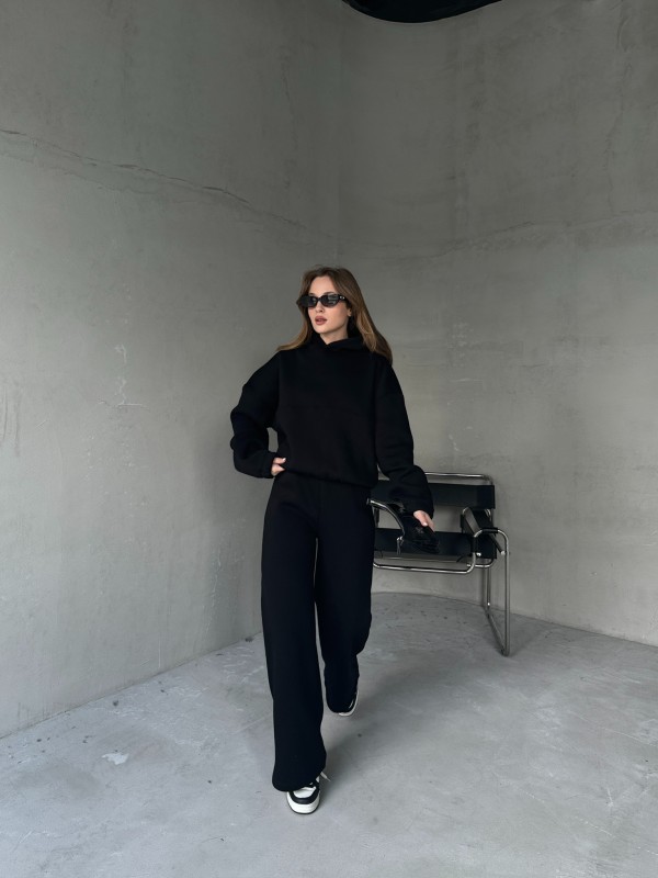 TKM-0037 Siyah Dikiş Detaylı Kapüşonlu Sweatshirt Palazzo Eşofman Üç İplik Şardonlu İkili Takım - 3