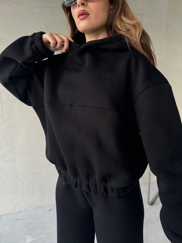 TKM-0037 Siyah Dikiş Detaylı Kapüşonlu Sweatshirt Palazzo Eşofman Üç İplik Şardonlu İkili Takım - 5