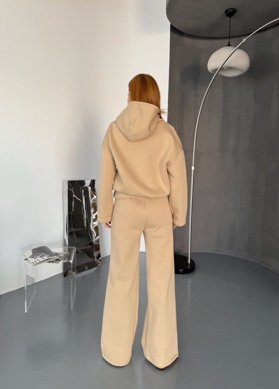 TKM-0037 Vizon Dikiş Detaylı Kapüşonlu Sweatshirt Palazzo Eşofman Üç İplik Şardonlu İkili Takım - 5