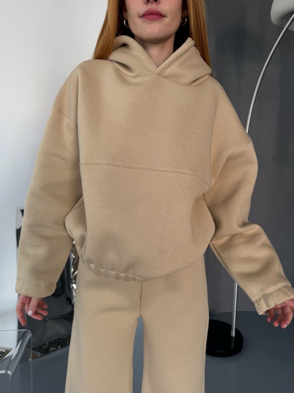 TKM-0037 Vizon Dikiş Detaylı Kapüşonlu Sweatshirt Palazzo Eşofman Üç İplik Şardonlu İkili Takım - 3