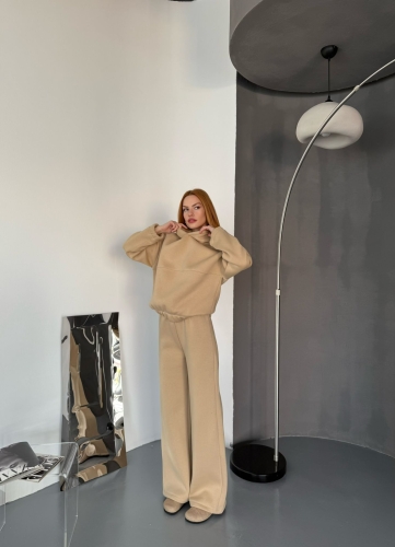TKM-0037 Vizon Dikiş Detaylı Kapüşonlu Sweatshirt Palazzo Eşofman Üç İplik Şardonlu İkili Takım - Cappmoda