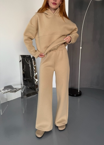 TKM-0037 Vizon Dikiş Detaylı Kapüşonlu Sweatshirt Palazzo Eşofman Üç İplik Şardonlu İkili Takım - 4