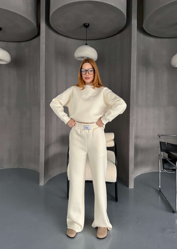 TKM-0040 Ekru Believe İn Yourself Kabartma Yazı Baskılı Bisiklet Yaka Sweatshirt Palazzo Eşofman Üç İplik Şardonlu İkili Takım