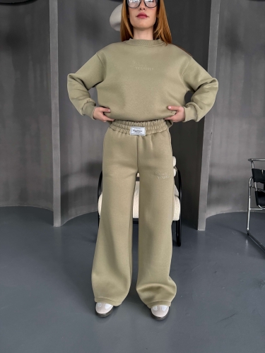 TKM-0040 Haki Believe İn Yourself Kabartma Yazı Baskılı Bisiklet Yaka Sweatshirt Palazzo Eşofman Üç İplik Şardonlu İkili Takım - 3