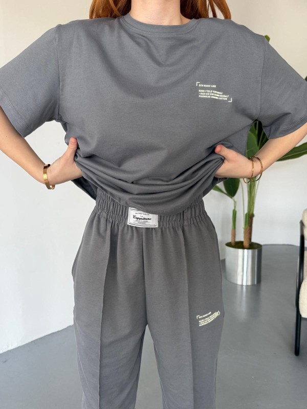 TKM-0041 Füme Eco Basıc LIne Yazılı Enjeksiyon Baskı Bisiklet Yaka Tişört Bel Lastikli Çimalı Jogger Eşofman İkili Takım