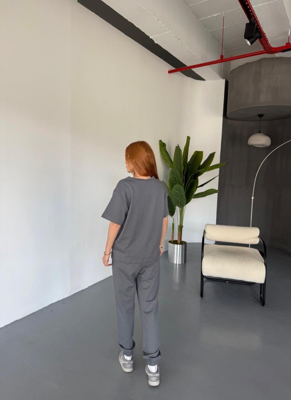 TKM-0041 Füme Eco Basıc LIne Yazılı Enjeksiyon Baskı Bisiklet Yaka Tişört Bel Lastikli Çimalı Jogger Eşofman İkili Takım