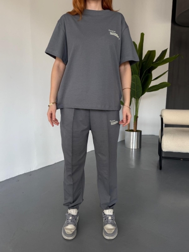TKM-0041 Füme Eco Basıc LIne Yazılı Enjeksiyon Baskı Bisiklet Yaka Tişört Bel Lastikli Çimalı Jogger Eşofman İkili Takım - Thumbnail