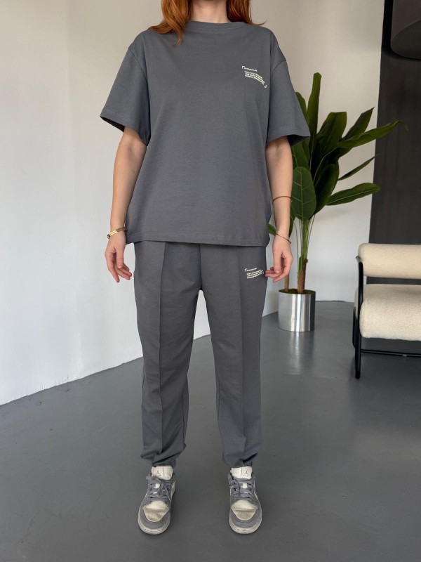 TKM-0041 Füme Eco Basıc LIne Yazılı Enjeksiyon Baskı Bisiklet Yaka Tişört Bel Lastikli Çimalı Jogger Eşofman İkili Takım