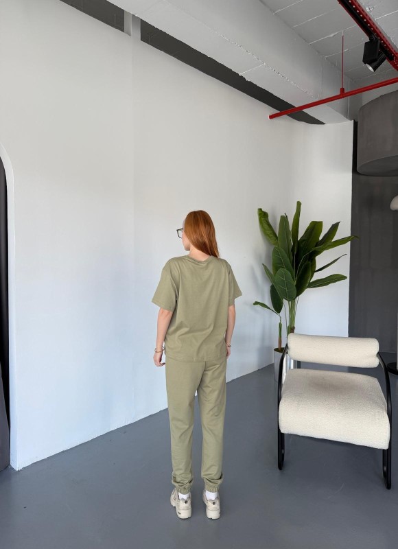 TKM-0041 Haki Eco Basıc LIne Yazılı Enjeksiyon Baskı Bisiklet Yaka Tişört Bel Lastikli Çimalı Jogger Eşofman İkili Takım