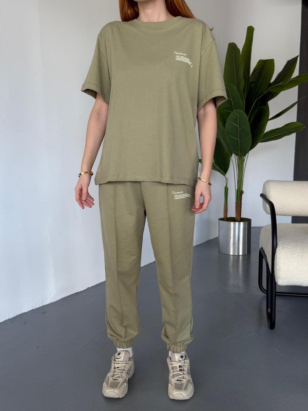 TKM-0041 Haki Eco Basıc LIne Yazılı Enjeksiyon Baskı Bisiklet Yaka Tişört Bel Lastikli Çimalı Jogger Eşofman İkili Takım