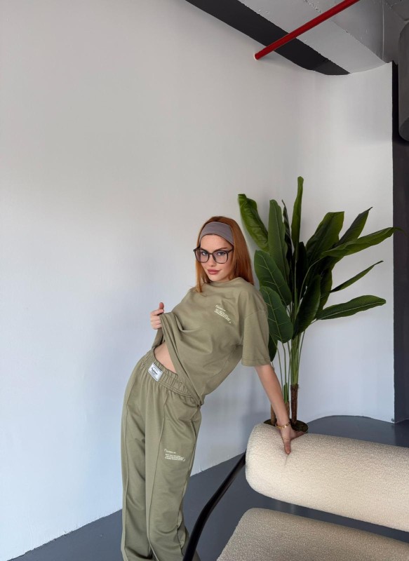 TKM-0041 Haki Eco Basıc LIne Yazılı Enjeksiyon Baskı Bisiklet Yaka Tişört Bel Lastikli Çimalı Jogger Eşofman İkili Takım