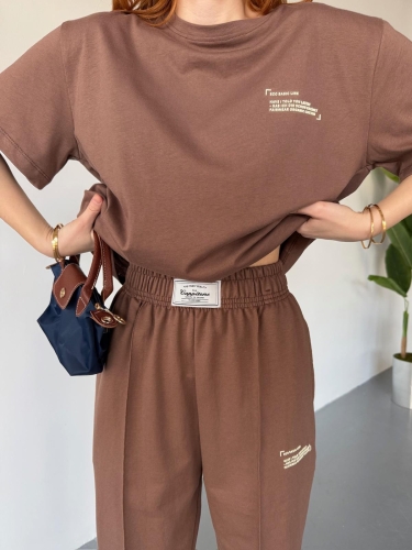 TKM-0041 Kahverengi Eco Basıc LIne Yazılı Enjeksiyon Baskı Bisiklet Yaka Tişört Bel Lastikli Çimalı Jogger Eşofman İkili Takım - 2