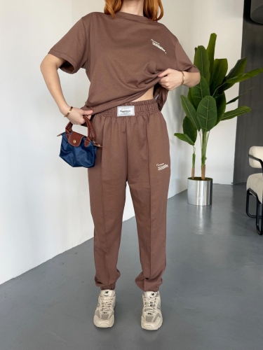 TKM-0041 Kahverengi Eco Basıc LIne Yazılı Enjeksiyon Baskı Bisiklet Yaka Tişört Bel Lastikli Çimalı Jogger Eşofman İkili Takım - 3