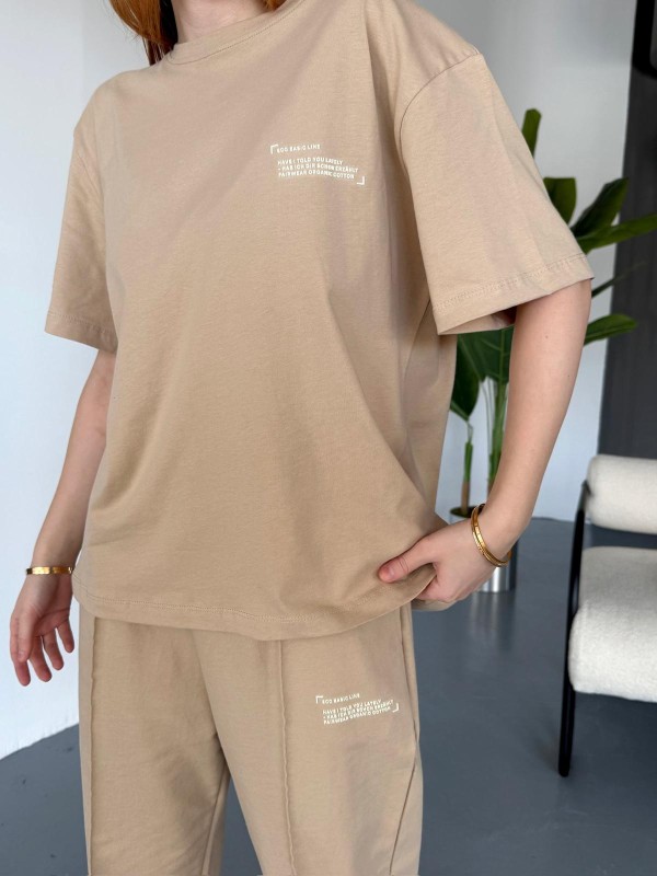 TKM-0041 Vizon Eco Basıc LIne Yazılı Enjeksiyon Baskı Bisiklet Yaka Tişört Bel Lastikli Çimalı Jogger Eşofman İkili Takım