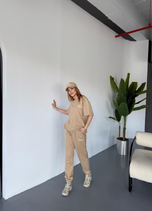 TKM-0041 Vizon Eco Basıc LIne Yazılı Enjeksiyon Baskı Bisiklet Yaka Tişört Bel Lastikli Çimalı Jogger Eşofman İkili Takım