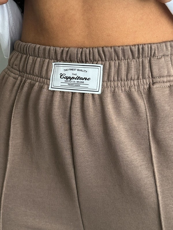 TKM-0047 Kahverengi Frıday Yazılı Enjeksiyon Baskı Bisiklet Yaka Tişört Etiket Detay Bel Lastikli Jogger Eşofman İkili Takım