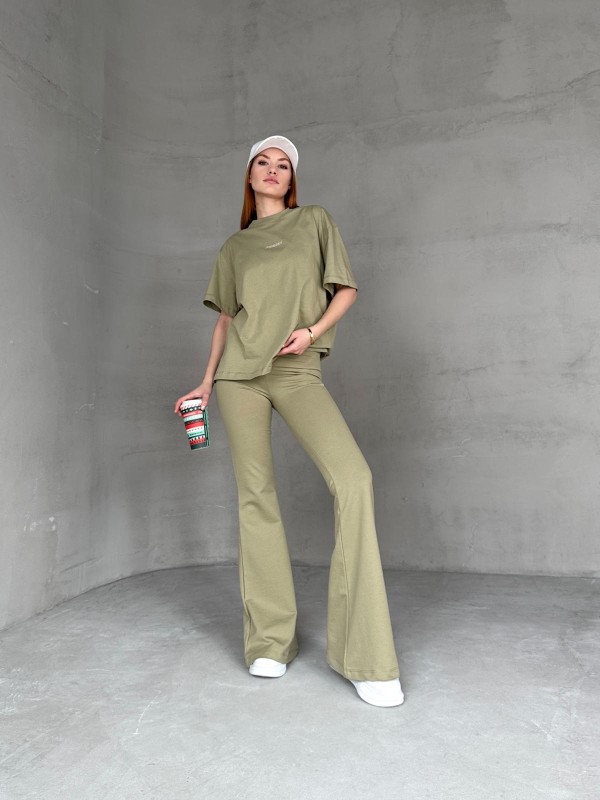 TKM-0050 Haki Generatıon Yazı Enjeksiyon Baskılı Bisiklet Yaka Tişört Bel Lastikli İspanyol Paça Pantolon İkili Takım - 2