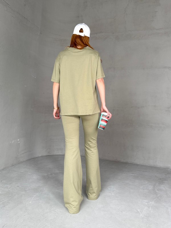 TKM-0050 Haki Generatıon Yazı Enjeksiyon Baskılı Bisiklet Yaka Tişört Bel Lastikli İspanyol Paça Pantolon İkili Takım - 10