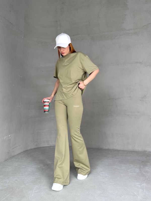 TKM-0050 Haki Generatıon Yazı Enjeksiyon Baskılı Bisiklet Yaka Tişört Bel Lastikli İspanyol Paça Pantolon İkili Takım - 3