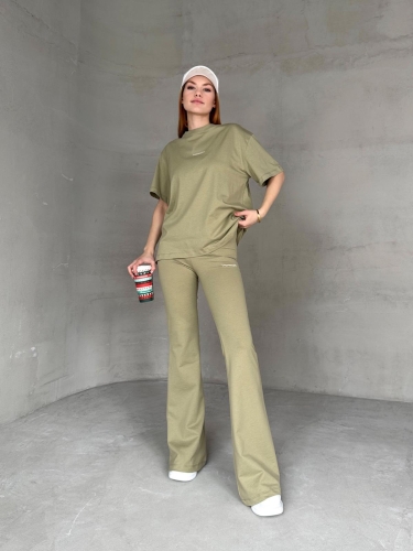 TKM-0050 Haki Generatıon Yazı Enjeksiyon Baskılı Bisiklet Yaka Tişört Bel Lastikli İspanyol Paça Pantolon İkili Takım - 6