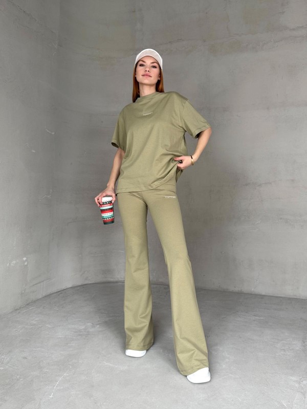 TKM-0050 Haki Generatıon Yazı Enjeksiyon Baskılı Bisiklet Yaka Tişört Bel Lastikli İspanyol Paça Pantolon İkili Takım - 6