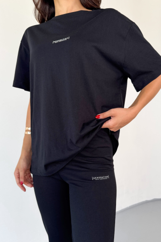 TKM-0050 Siyah Generatıon Yazı Enjeksiyon Baskılı Bisiklet Yaka Tişört Bel Lastikli İspanyol Paça Pantolon İkili Takım - 4