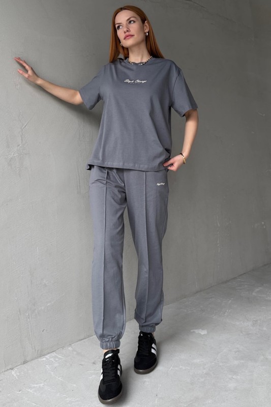 TKM-0051 Füme Style Change Yazılı Tişört Paça Lastikli Pantolon İkili Takım