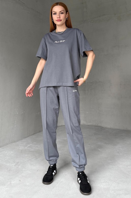 TKM-0051 Füme Style Change Yazılı Tişört Paça Lastikli Pantolon İkili Takım