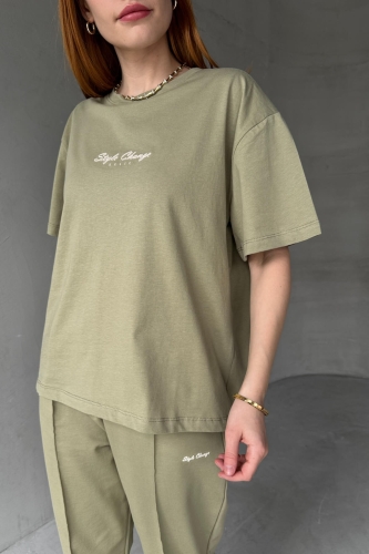 Cappmoda - TKM-0051 Haki Style Change Yazılı Tişört Paça Lastikli Pantolon İkili Takım (1)