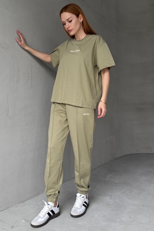TKM-0051 Haki Style Change Yazılı Tişört Paça Lastikli Pantolon İkili Takım