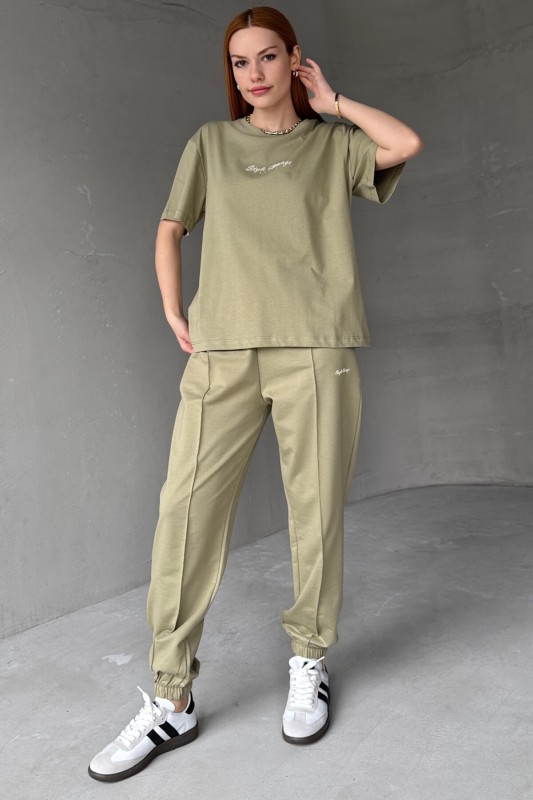 TKM-0051 Haki Style Change Yazılı Tişört Paça Lastikli Pantolon İkili Takım