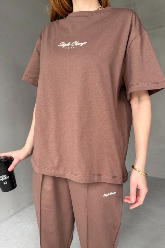 TKM-0051 Kahverengi Style Change Yazılı Tişört Paça Lastikli Pantolon İkili Takım