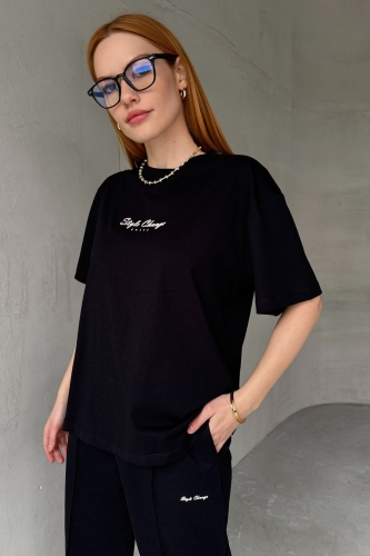 Cappmoda - TKM-0051 Siyah Style Change Yazılı Tişört Paça Lastikli Pantolon İkili Takım (1)