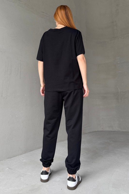 TKM-0051 Siyah Style Change Yazılı Tişört Paça Lastikli Pantolon İkili Takım