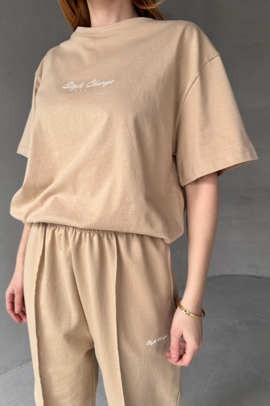 TKM-0051 Vizon Style Change Yazılı Tişört Paça Lastikli Pantolon İkili Takım