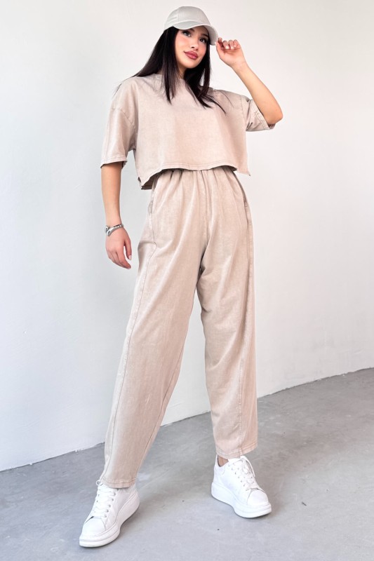 TKM-0057 Bej Crop Tişört Şalvar Pantolon İkili Takım