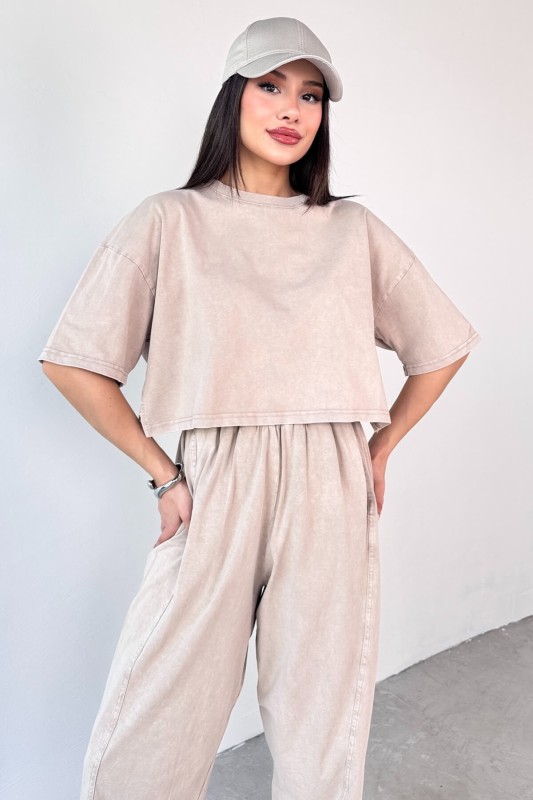 TKM-0057 Bej Crop Tişört Şalvar Pantolon İkili Takım