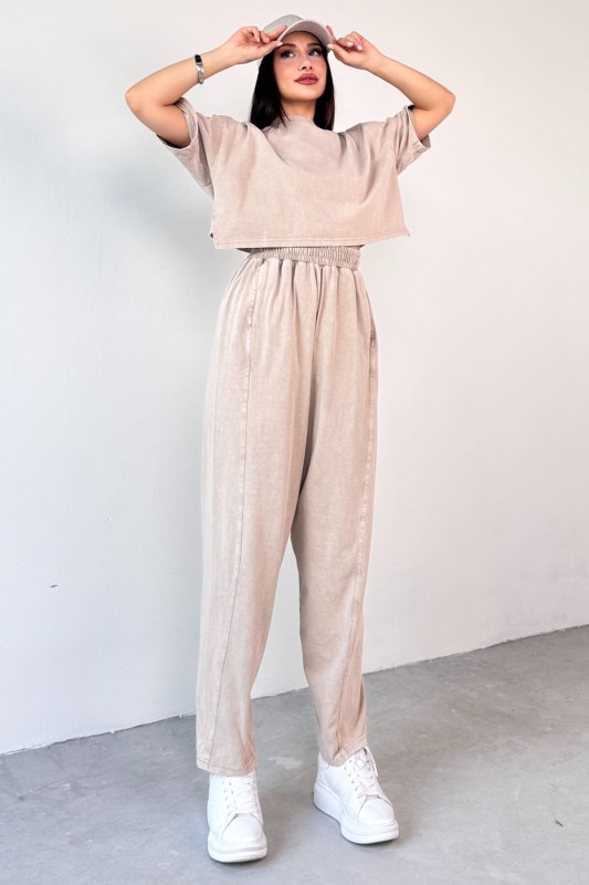 TKM-0057 Bej Crop Tişört Şalvar Pantolon İkili Takım