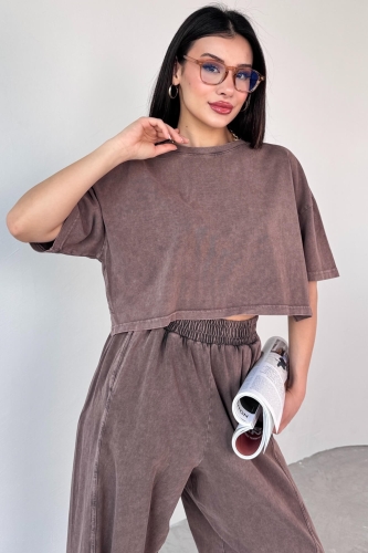 Cappmoda - TKM-0057 Kahverengi Crop Tişört Şalvar Pantolon İkili Takım (1)