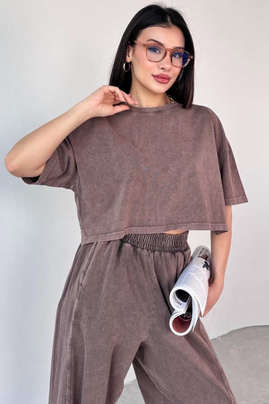 TKM-0057 Kahverengi Crop Tişört Şalvar Pantolon İkili Takım