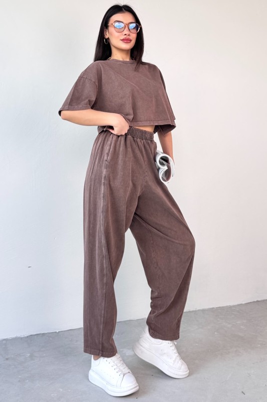 TKM-0057 Kahverengi Crop Tişört Şalvar Pantolon İkili Takım