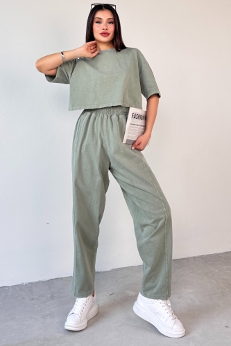 TKM-0057 Mint Yeşili Crop Tişört Şalvar Pantolon İkili Takım - Thumbnail