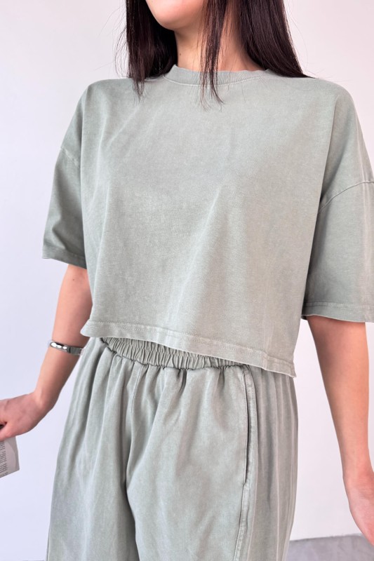 TKM-0057 Mint Yeşili Crop Tişört Şalvar Pantolon İkili Takım