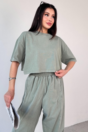 Cappmoda - TKM-0057 Mint Yeşili Crop Tişört Şalvar Pantolon İkili Takım (1)