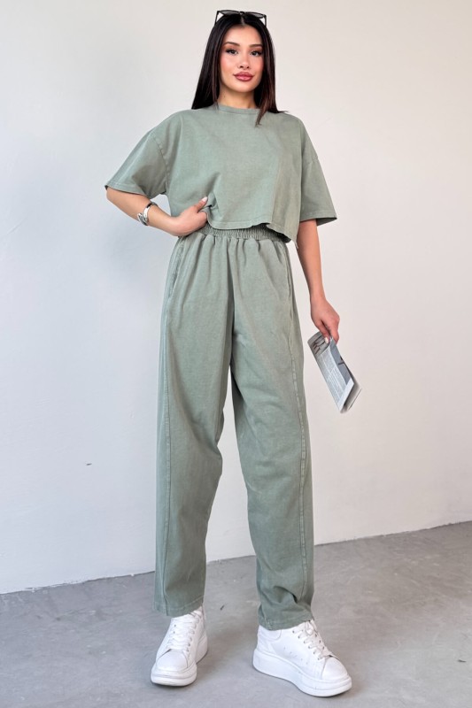 TKM-0057 Mint Yeşili Crop Tişört Şalvar Pantolon İkili Takım