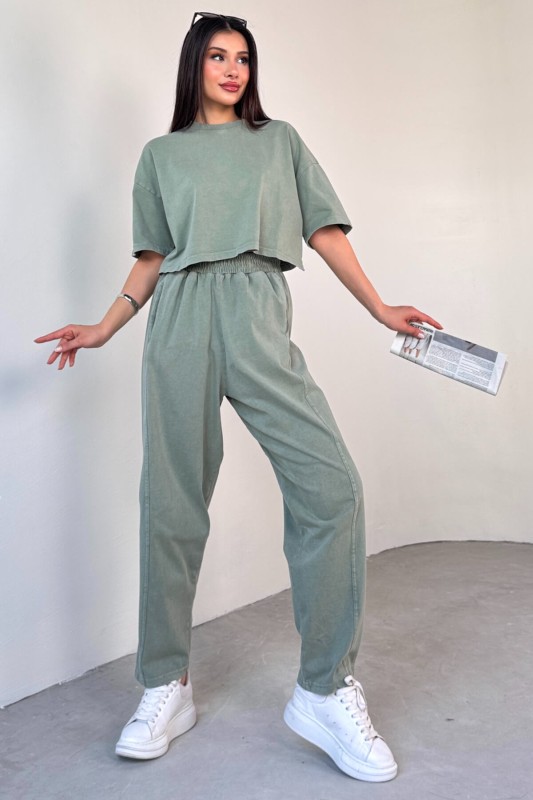 TKM-0057 Mint Yeşili Crop Tişört Şalvar Pantolon İkili Takım