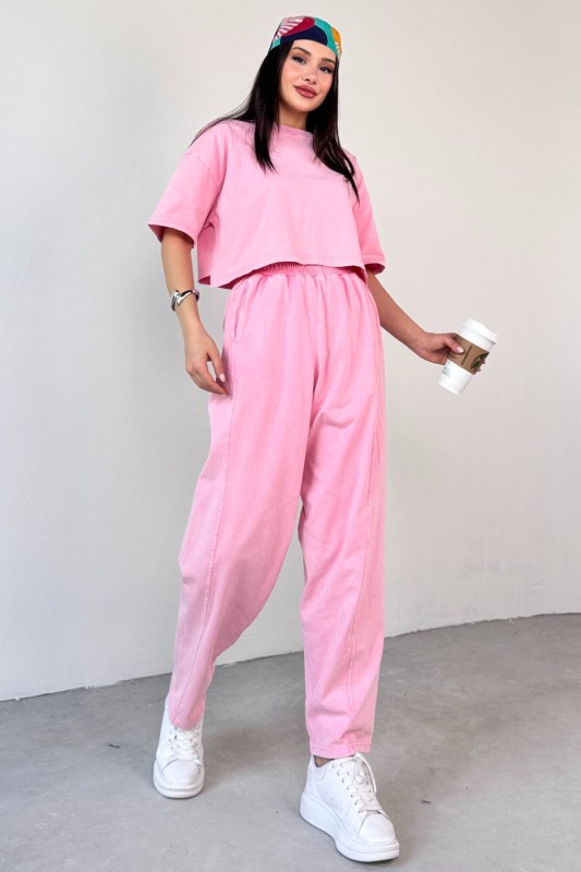 TKM-0057 Pembe Crop Tişört Şalvar Pantolon İkili Takım